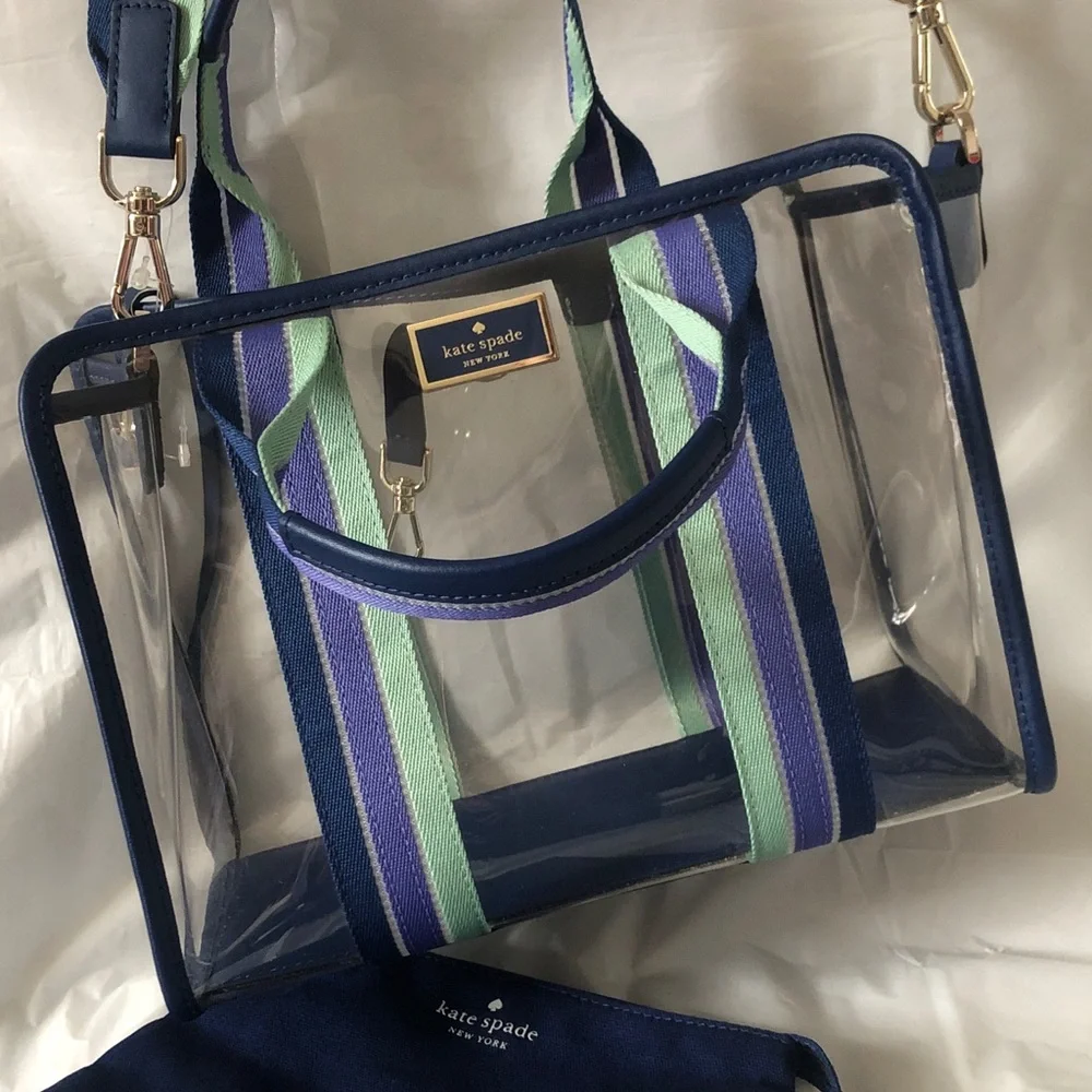 Kate Spade blue multi color see through satchel with adjustable crossbody NWT